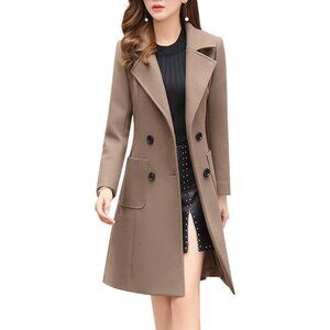 Women's Khaki Elegant Notched Collar Double Breasted Wool Blend Over Coat